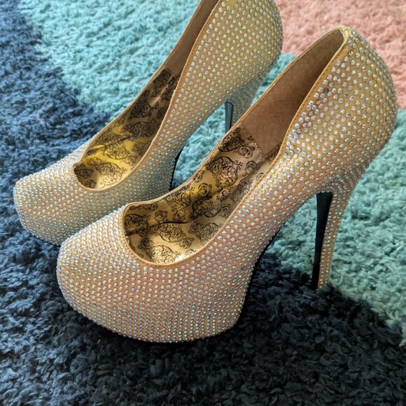 Stunning Gold Rhinestone Platform Heels Women size 8 - Picture 4 of 4